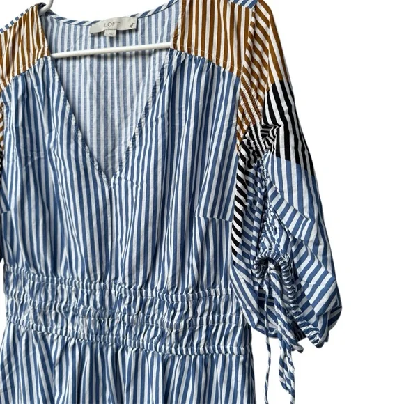 LOFT Midi Dress Large Striped Tie Puff Sleeve Blue Tan White Minimalist Cottage - Picture 4 of 6